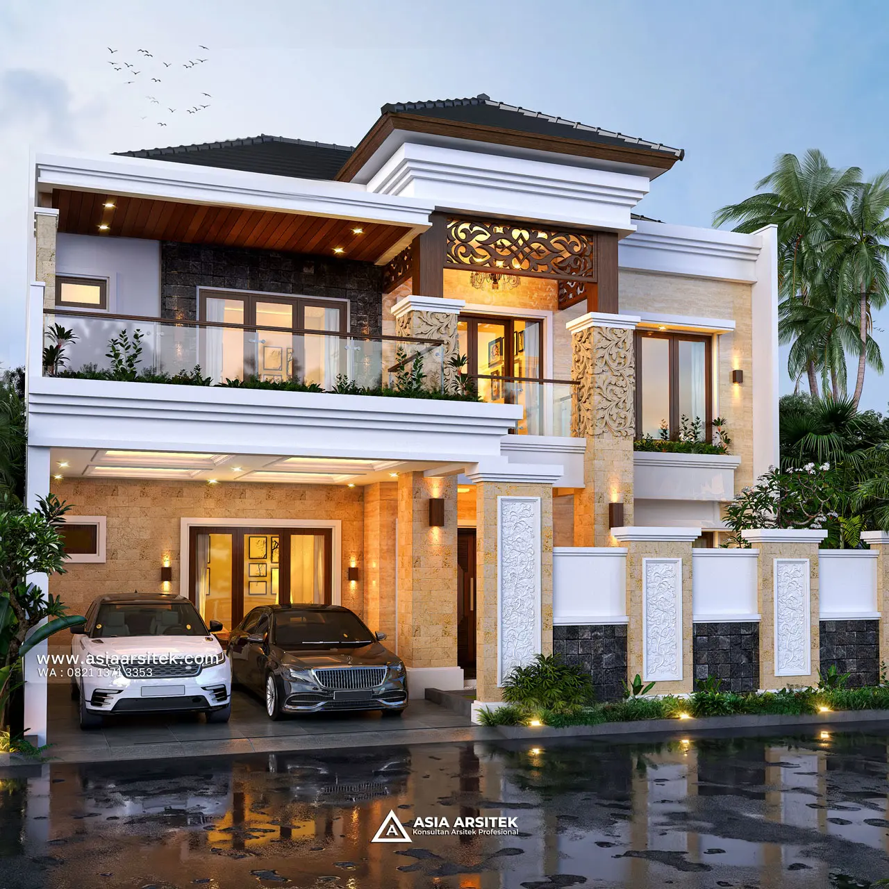 Desain Tampak Depan Rumah Tropis 2 Lantai Bapak SRY di Banjarmasin Kalimantan Selatan