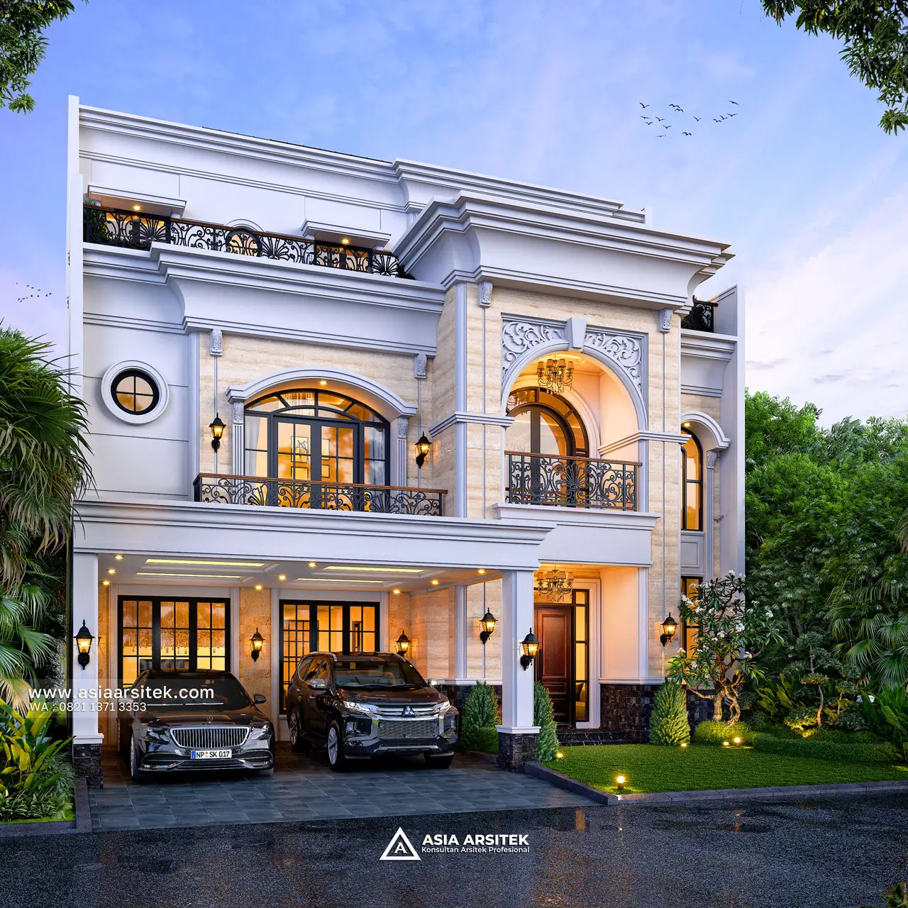 Desain Tampak Depan Rumah Tropis 3 Lantai Bapak AND di Modernland Tangerang