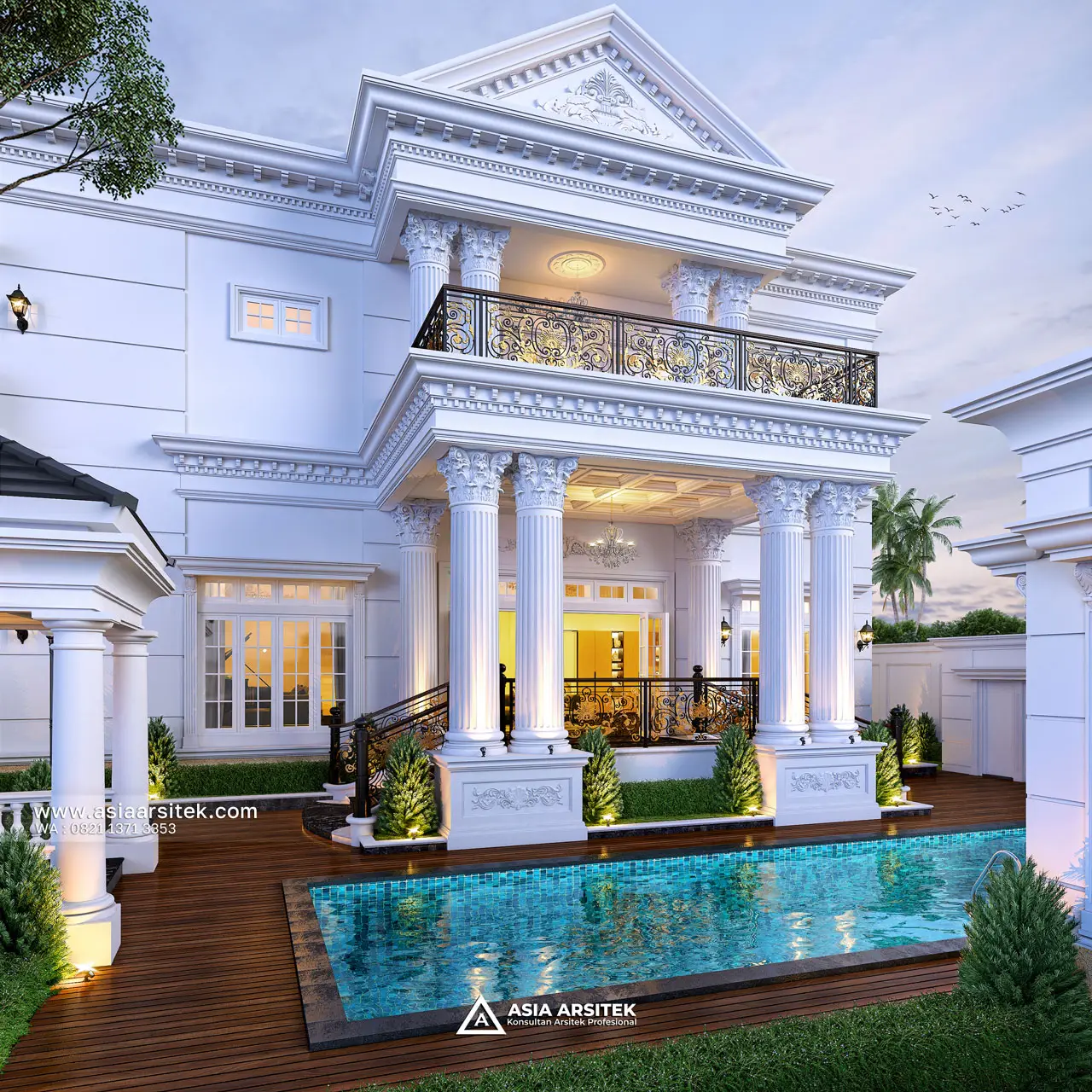 Desain Tampak Samping Kanan dan Kolam Rumah Klasik 3 Lantai Bapak LMN di Sentul City Bogor