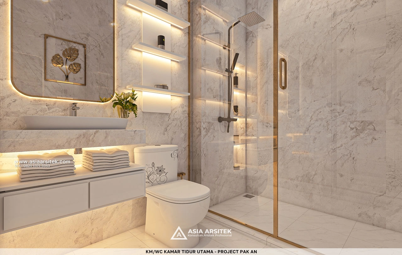 Desain Toilet Kamar Tidur Utama Rumah Klasik 1 Lantai Bapak AN di Ogan Ilir Sumatera Selatan