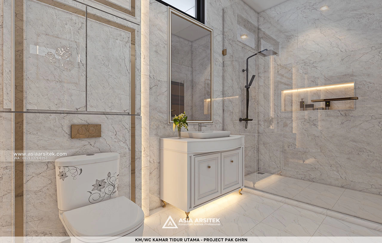 Desain Toilet Kamar Tidur Utama Rumah Klasik 2 Lantai Bapak GHRN di Tambun Bekasi