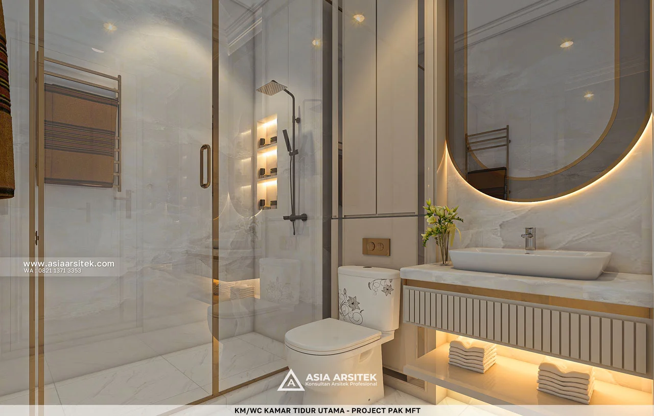 Desain Toilet Mewah Kamar Tidur Utama Rumah Klasik 2 Lantai Pak MFT di Sawangan Depok
