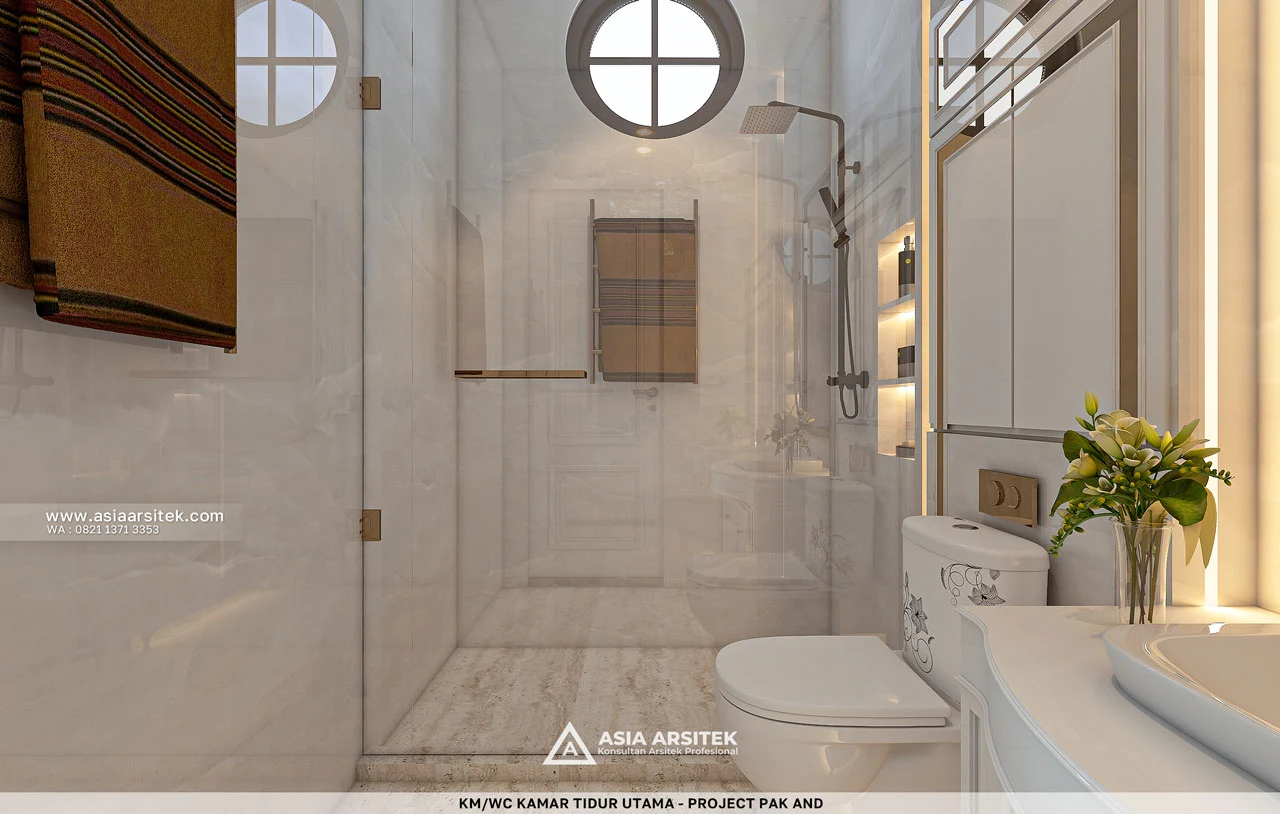 Desain Toilet dan Shower Kamar Tidur Utama Rumah Tropis 3 Lantai Bapak AND di Modernland Tangerang