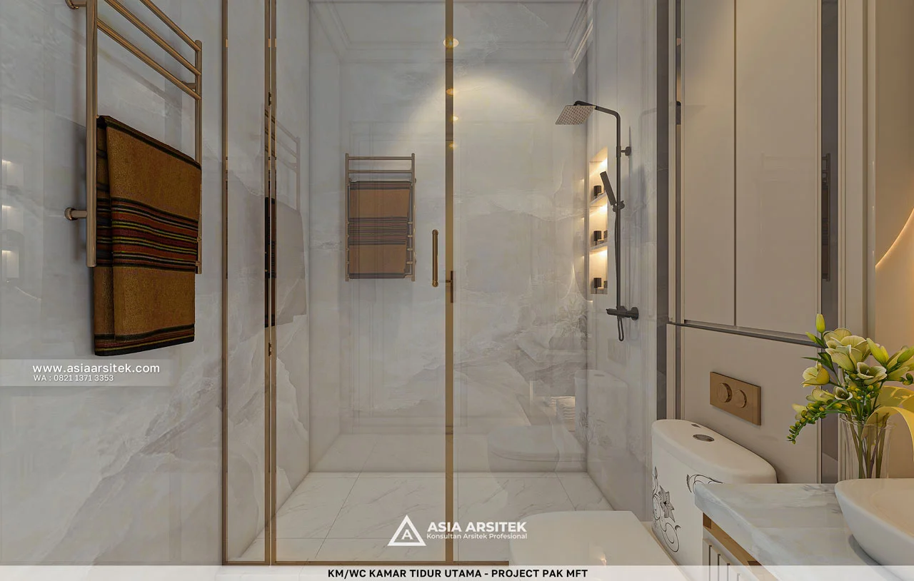 Desain Toilet dan Shower Mewah Kamar Tidur Utama Rumah Klasik 2 Lantai Pak MFT di Sawangan Depok
