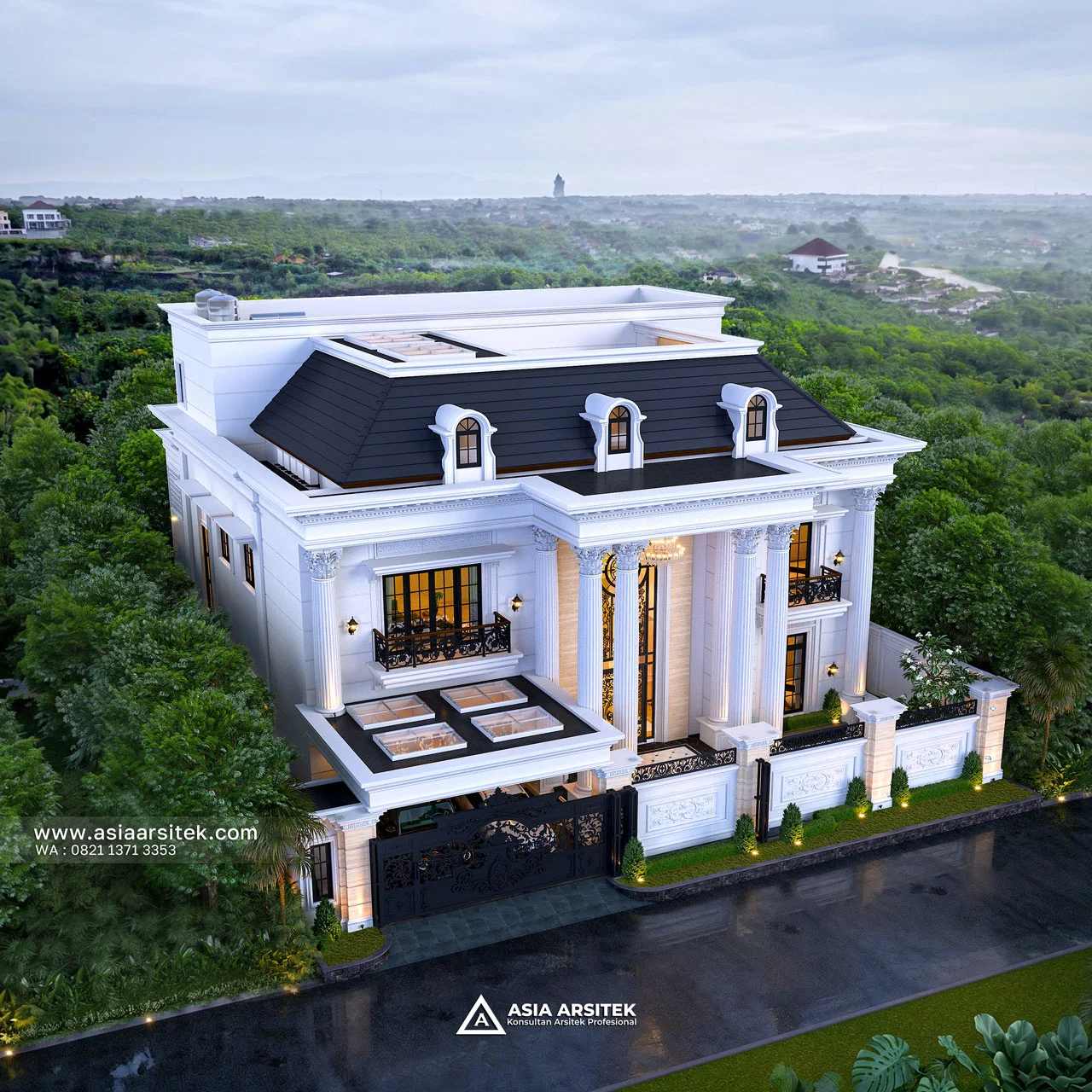 Desain View Atas Rumah Klasik 3 Lantai Bapak EKS di Kelapa Dua Tangerang