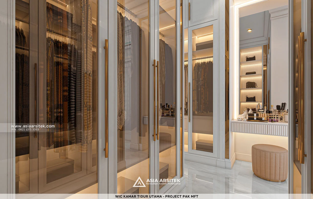 Desain Walk In Closet Elegan Kamar Tidur Utama Rumah Klasik 2 Lantai Pak MFT di Sawangan Depok