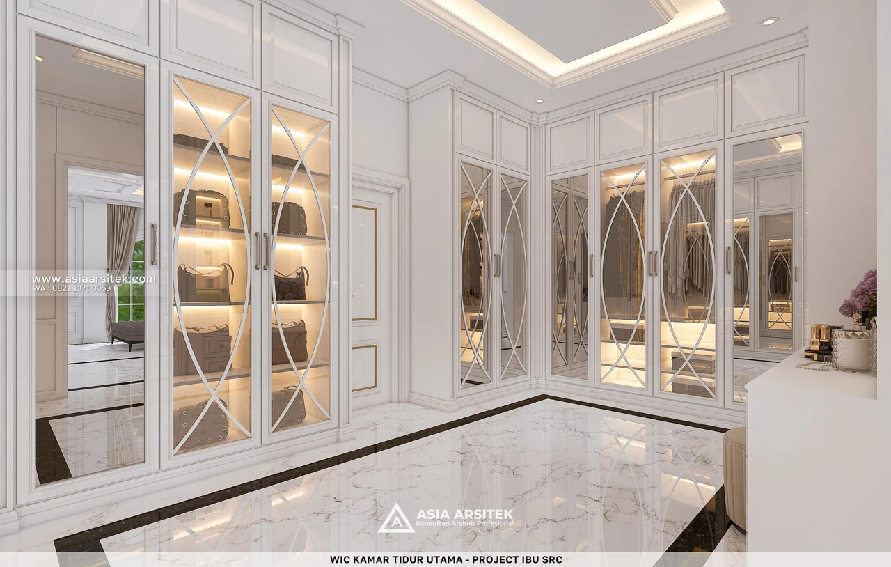 Desain Walk In Closet Kamar Tidur Utama Rumah Klasik 2 Lantai Ibu SRC di Cibubur Bekasi