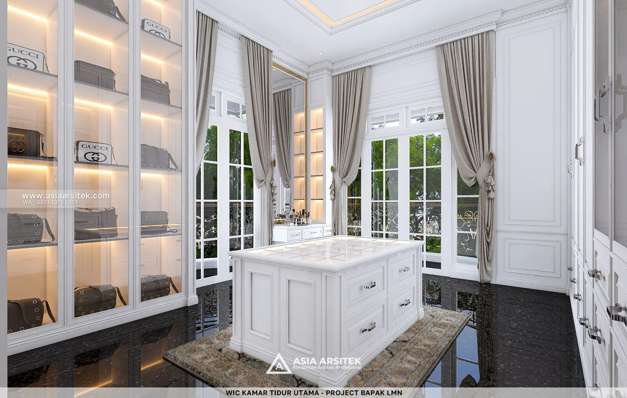 Desain Walk In Closet Kamar Tidur Utama Rumah Klasik 3 Lantai Bapak LMN di Sentul City Bogor