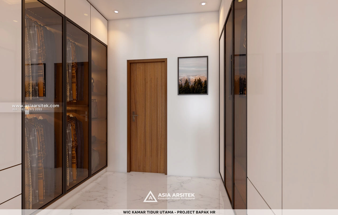 Desain Walk In Closet Kamar Tidur Utama Rumah Tropis 1 Lantai Bapak HR Duren Sawit Jakarta Timur