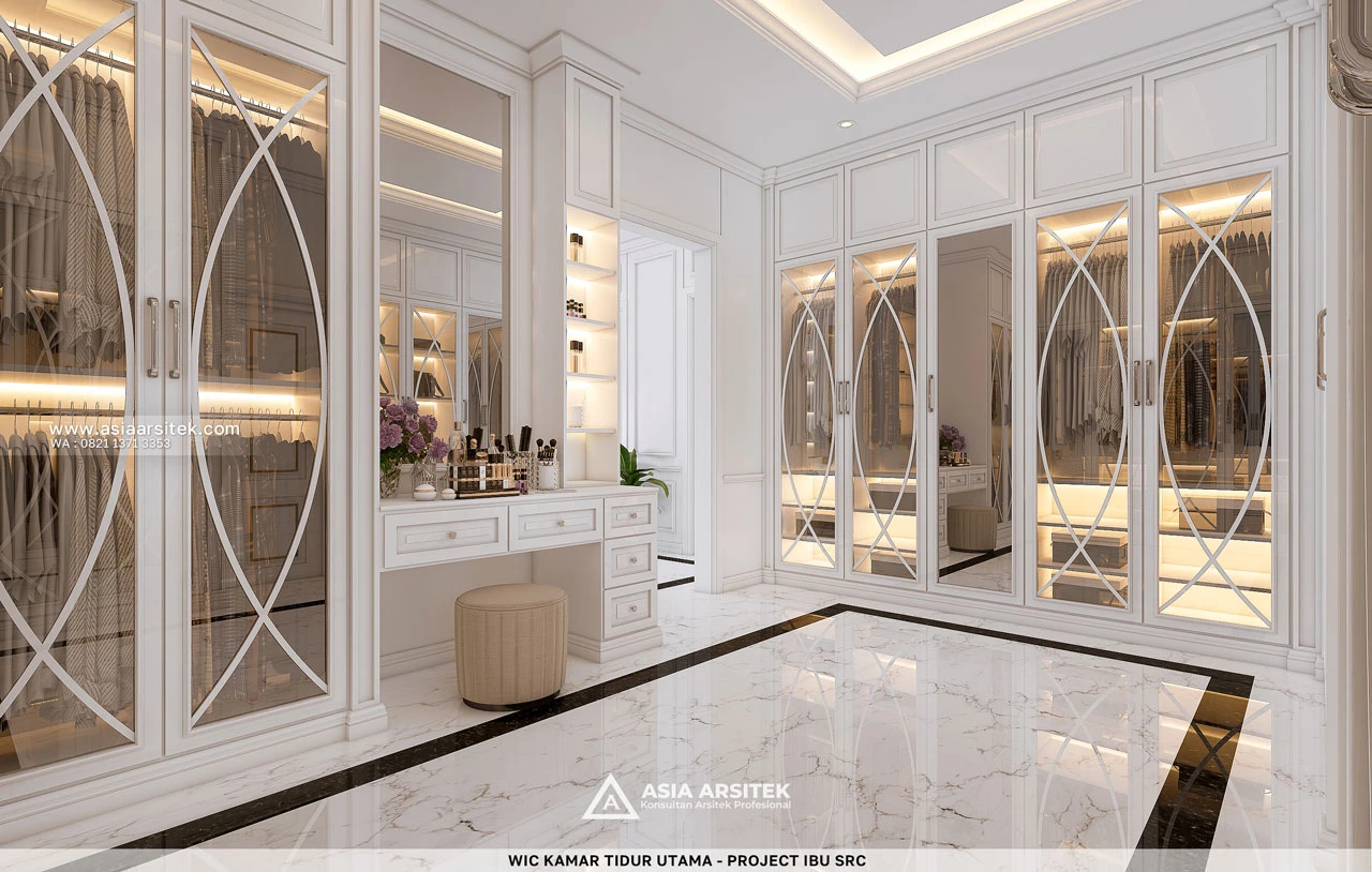 Desain Walk In Closet Mewah Kamar Tidur Utama Rumah Klasik 2 Lantai Ibu SRC di Cibubur Bekasi