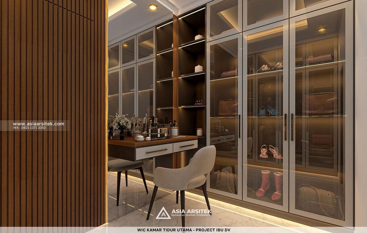 Desain Walk In Closet Mewah Kamar Tidur Utama Rumah Minimalis 2 Lantai Ibu DV Duren Sawit Jakarta Timur