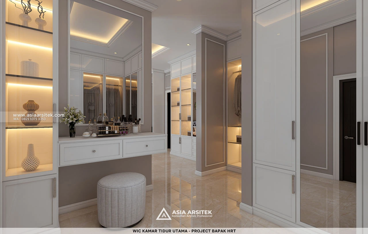Desain Walk In Closet Mewah Kamar Tidur Utama Rumah Tropis 2 Lantai Bapak HRT Bogor Jawa Barat