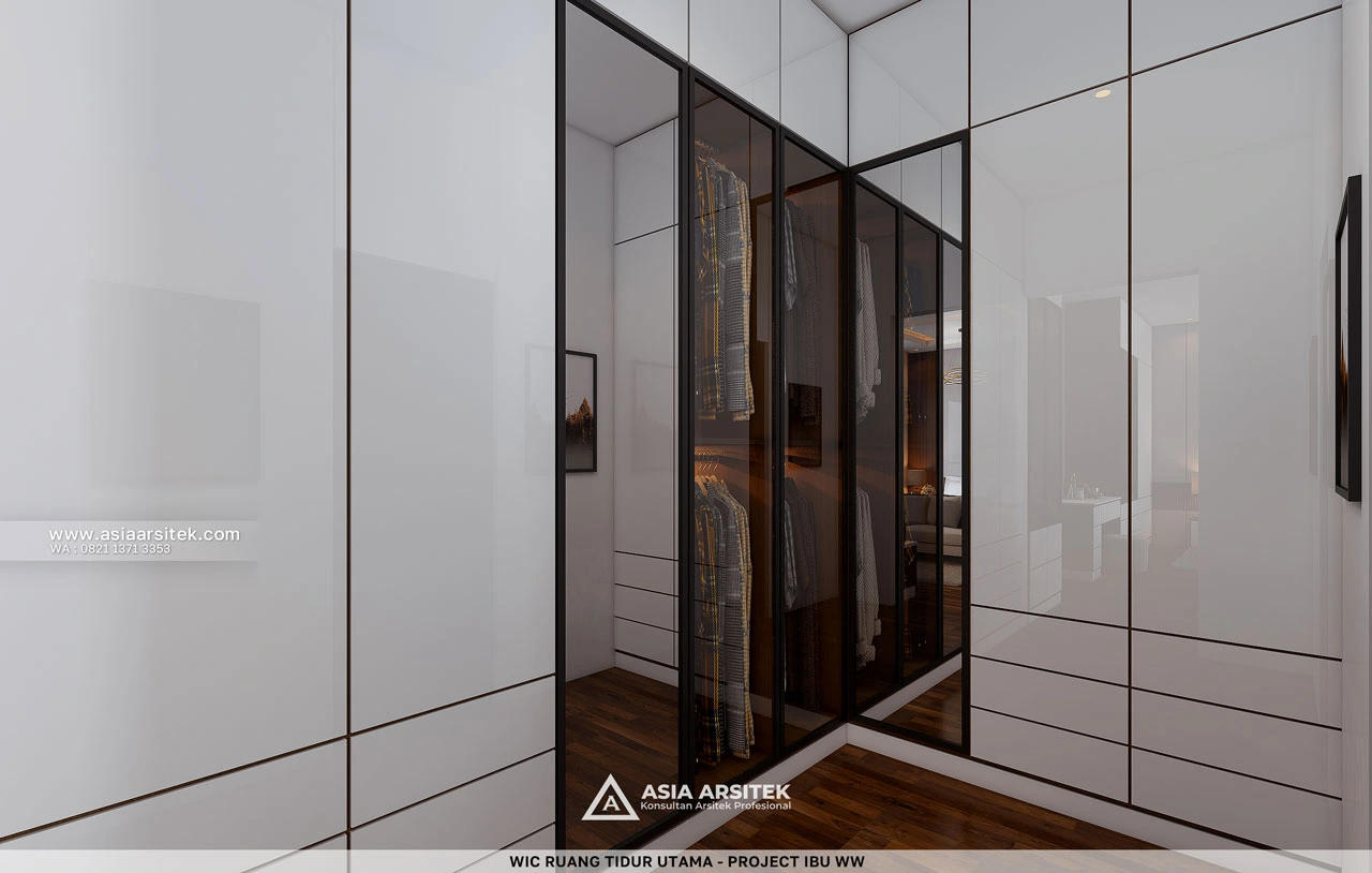 Desain Walk In Closet Ruang Tidur Utama Rumah Modern 2 Lantai Ibu WW Surabaya Jawa Timur
