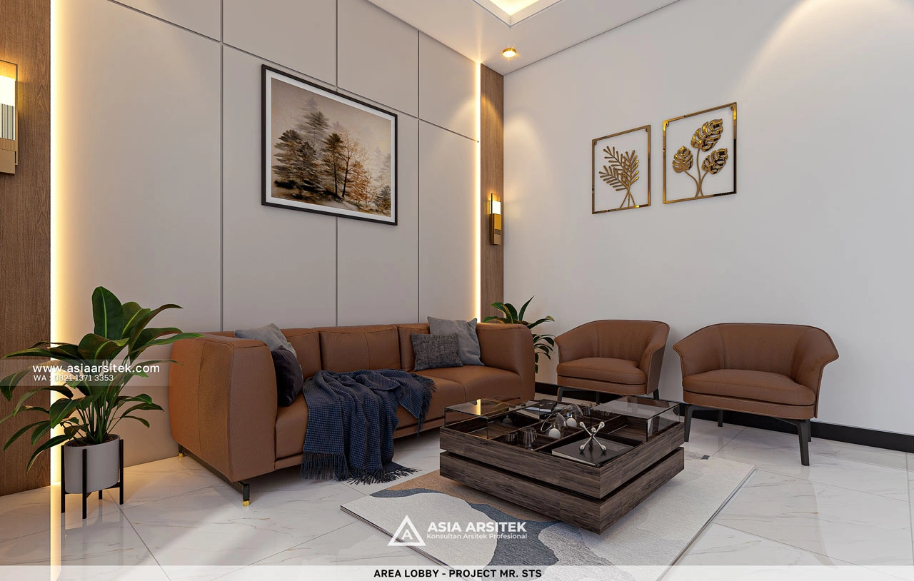 Desain Area Lobby Kost Modern Kontemporer 3 Lantai Mr. STS di Timor Leste