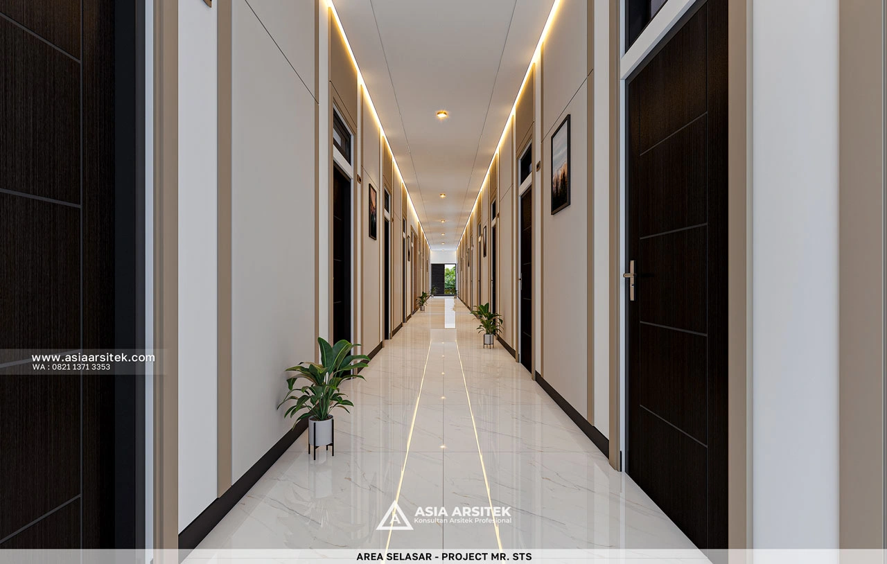 Desain Area Selasar Kost Modern Kontemporer 3 Lantai Mr. STS di Timor Leste