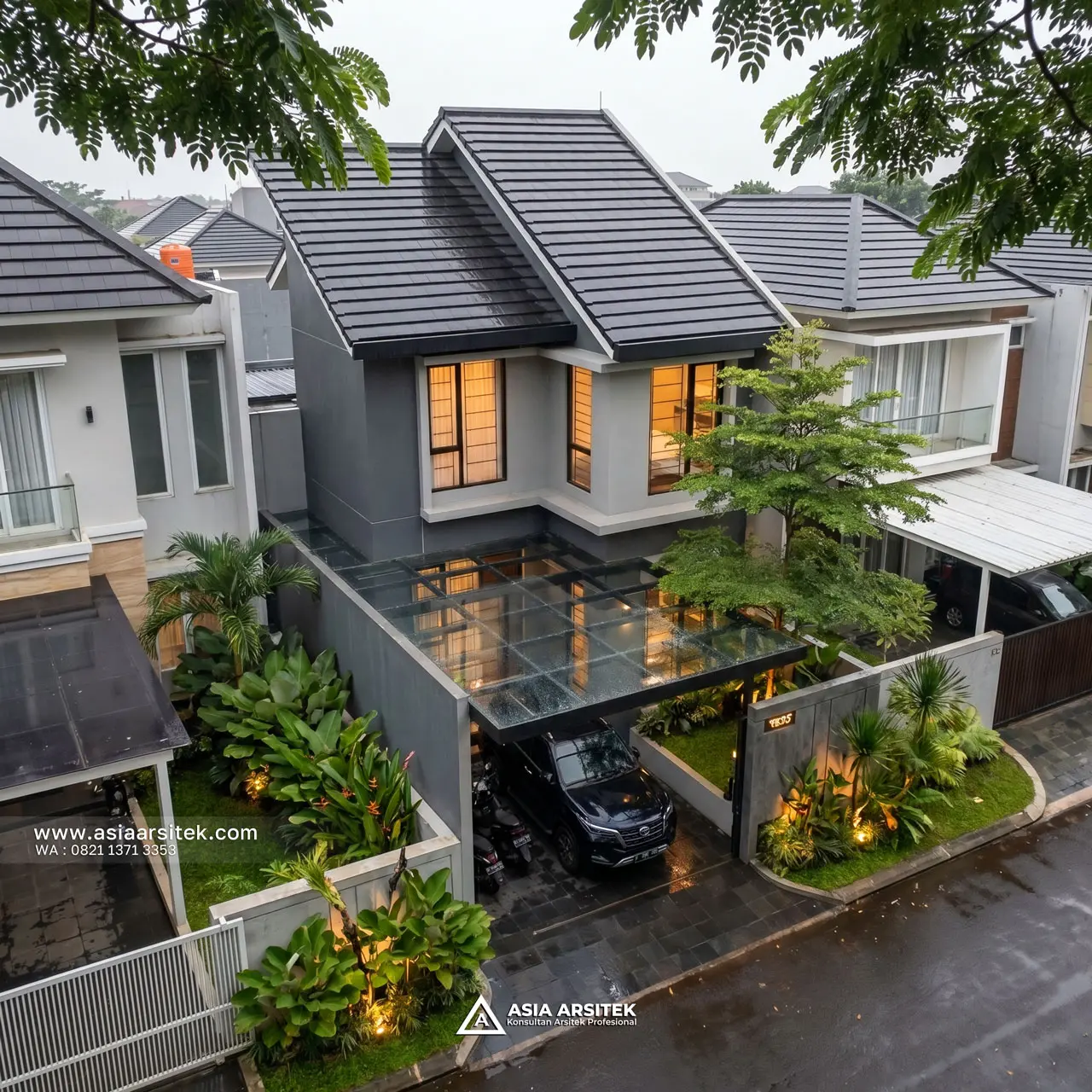 Desain Atas Depan Rumah Modern Minimalis 2 Lantai Ibu KM di Kemayoran Jakarta Pusat