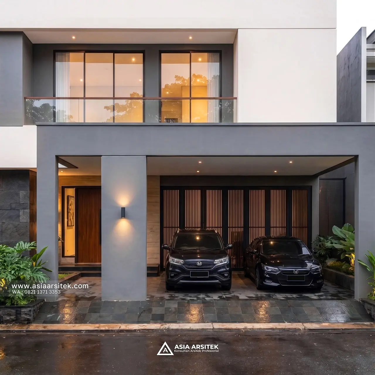 Desain Carport Rumah Modern 3 Lantai Ibu MCH di Palmerah Jakarta Barat
