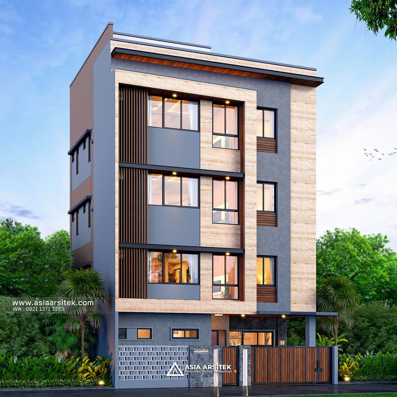 Desain Depan Kost Modern 4 Lantai Ibu RHM di Beji Kota Depok