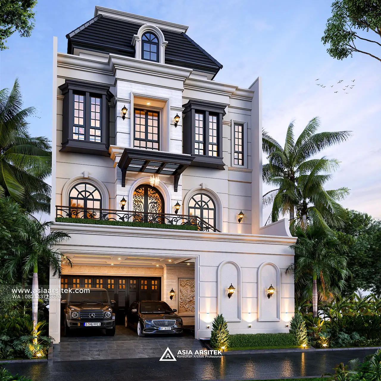 Desain Depan Rumah Tropis 3 Lantai Bapak RYD di Cempaka Putih Jakarta Pusat
