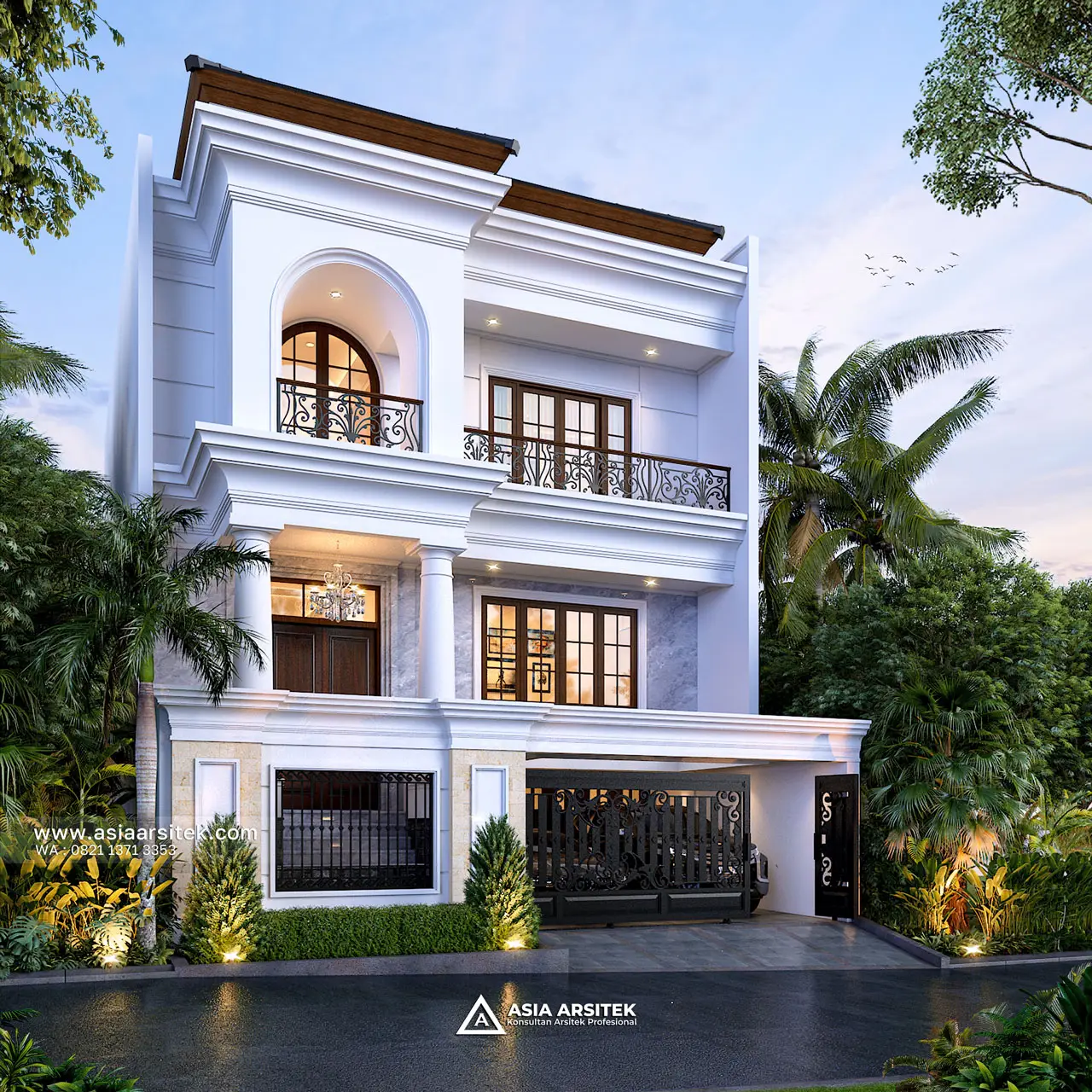 Desain Depan Rumah Tropis 3 Lantai Ibu ANT di Cinere Depok