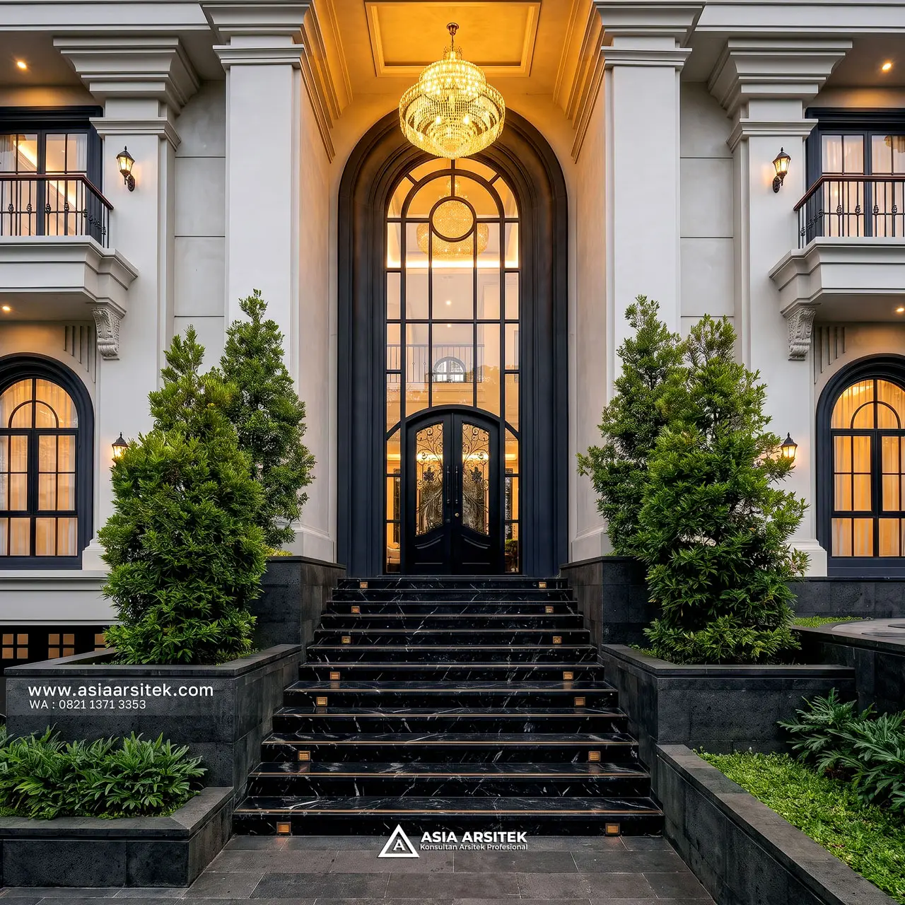 Desain Entrance Depan Rumah Klasik Modern 2 Lantai Bapak RR di BSD City Tangerang Selatan