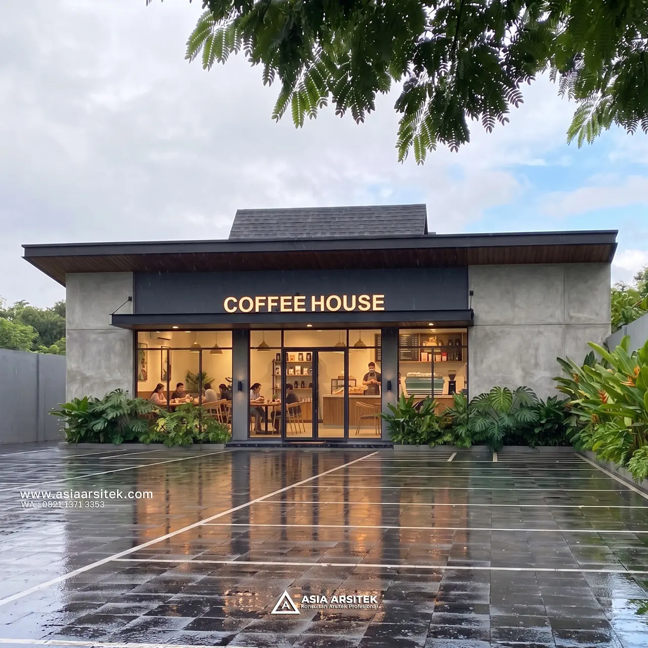 Desain Fasad Depan Kafe Guest House dan Kafe Scandinavia 2 Lantai Pak BNY di Yogyakarta