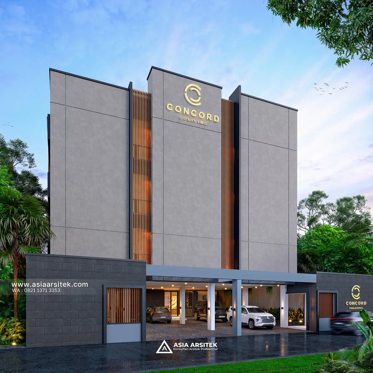 Desain Fasad Depan Kost Kostel Modern Tropical 4 Lantai Pak KYZ di Bali