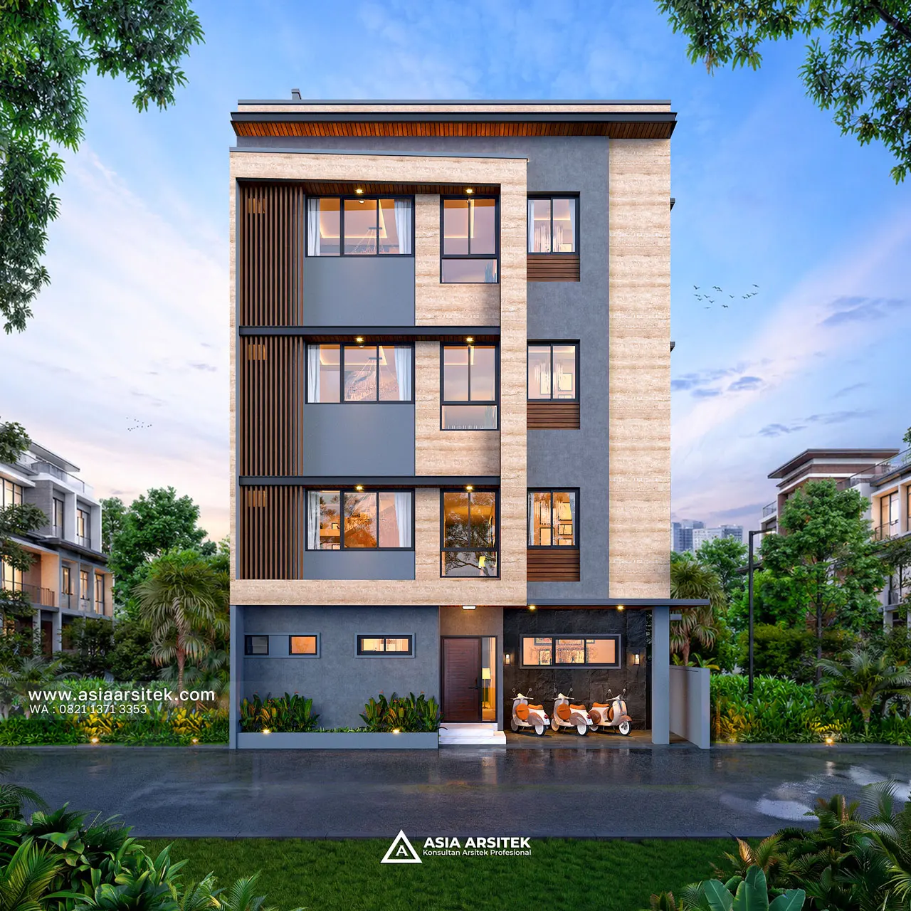 Desain Fasad Depan Kost Modern 4 Lantai Ibu RHM di Beji Kota Depok