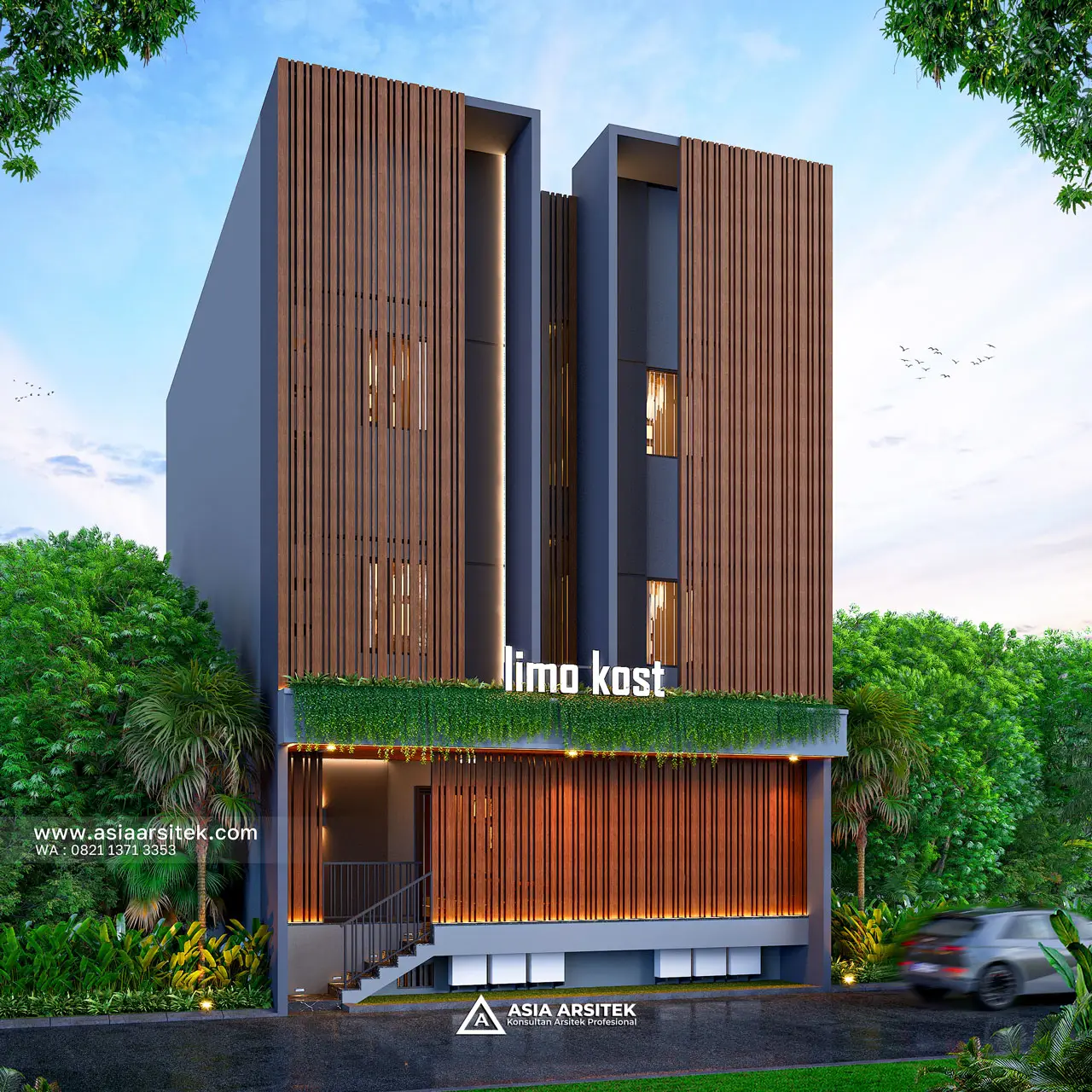 Desain Fasad Depan Kost Modern 4 Lantai Pak BB di Limo Depok