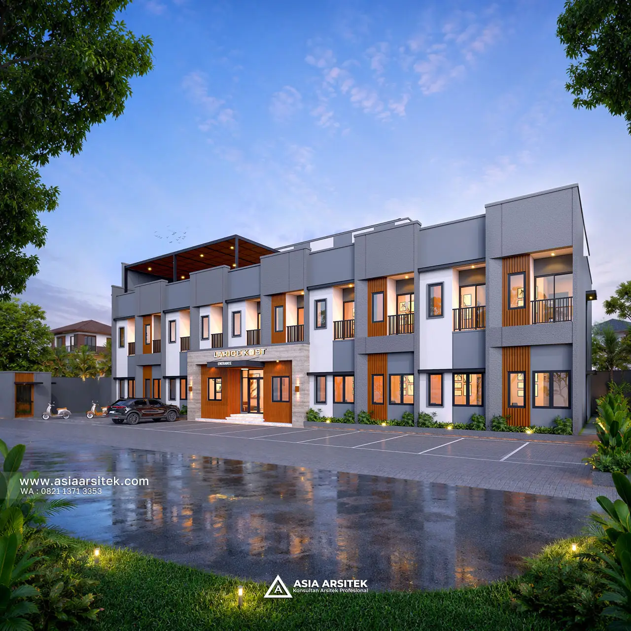 Desain Fasad Depan Kost Modern Kontemporer 3 Lantai Mr. STS di Timor Leste
