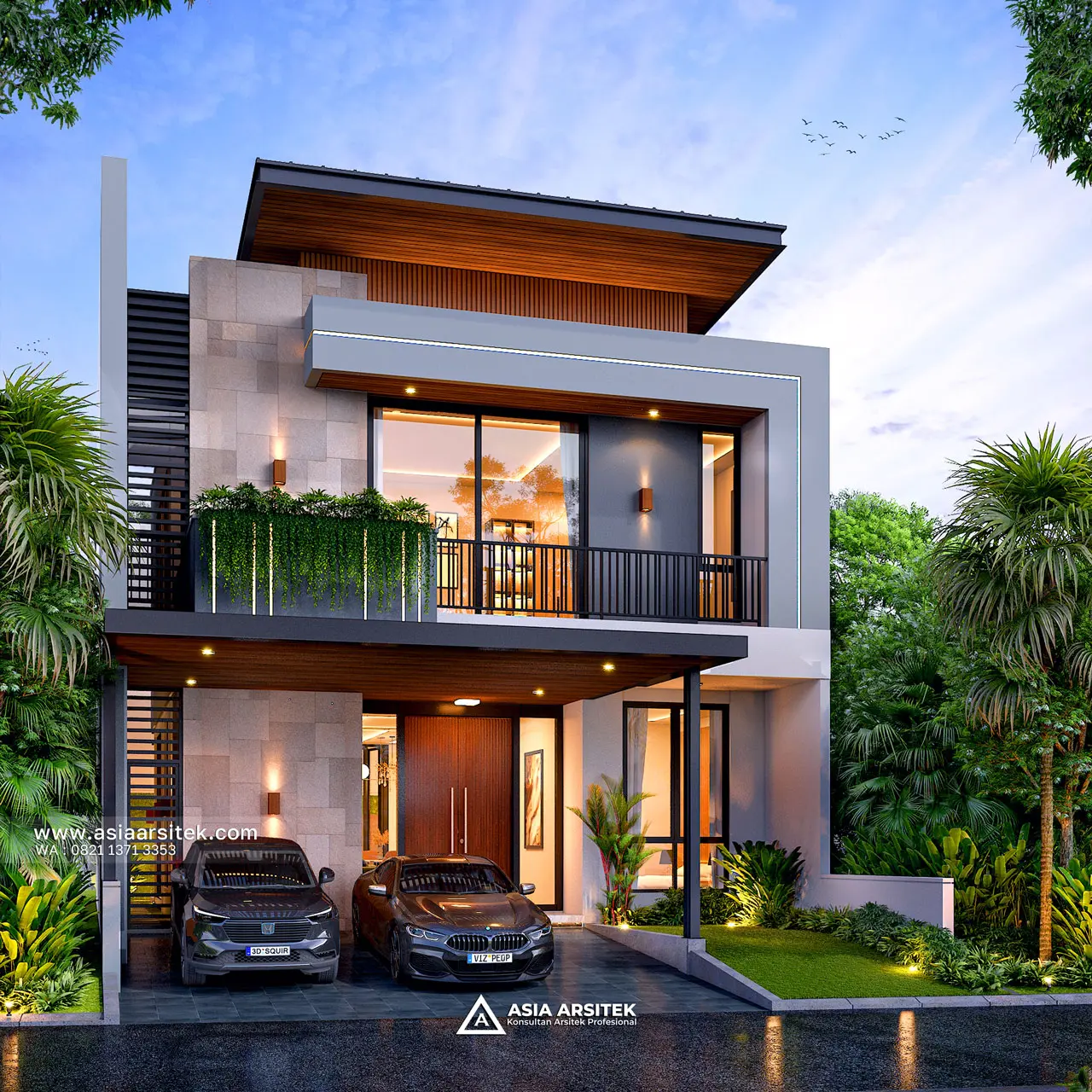 Desain Fasad Depan Rumah Modern 2 Lantai Bapak TR di Cibubur Jakarta Timur