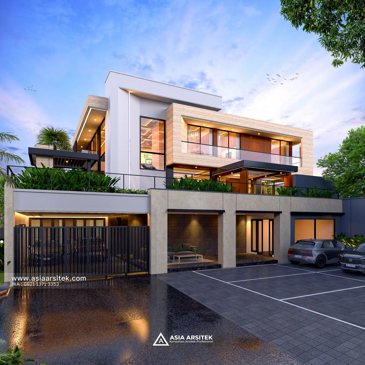 Desain Fasad Depan Rumah Modern 3 Lantai Bapak JNDS di Cileungsi Bogor Jawa Barat