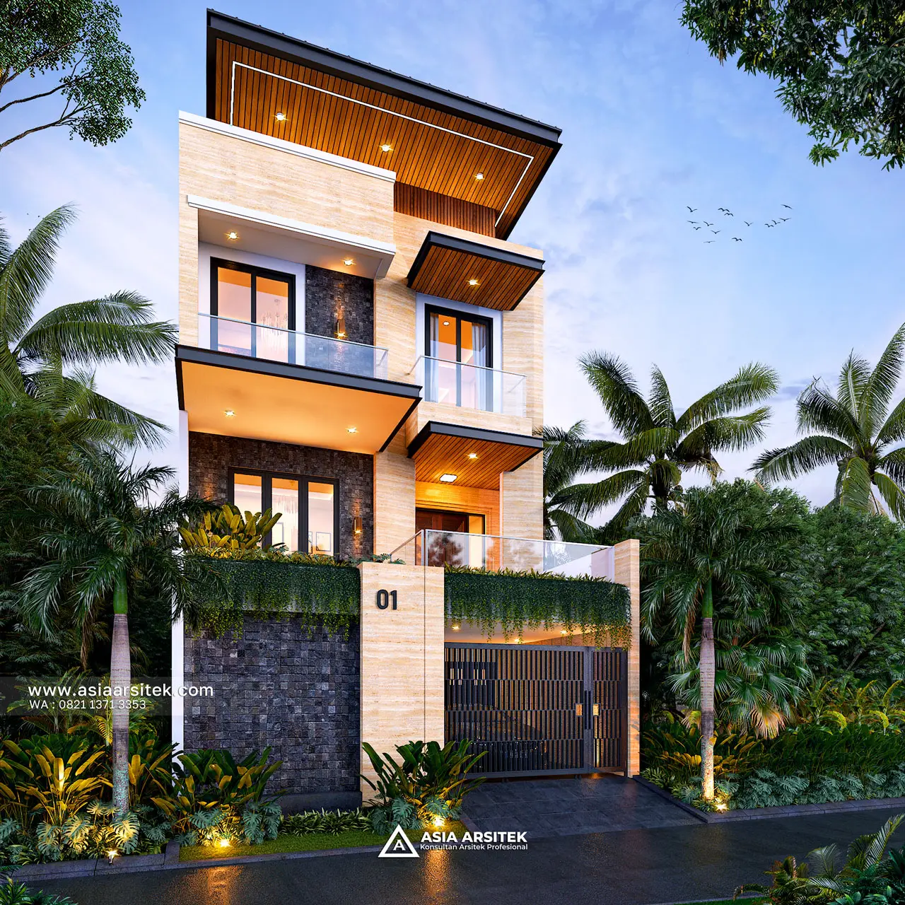 Desain Fasad Depan Rumah Modern 3 Lantai Ibu ANG di Cipondoh Tangerang