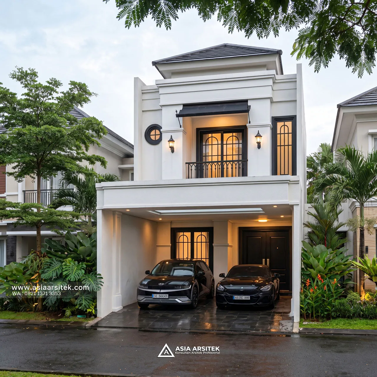 Desain Fasad Depan Rumah Modern Klasik 2 Lantai Ibu Bella di Tanjung Priok Jakarta Utara