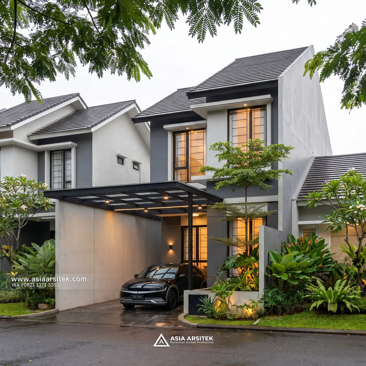 Desain Fasad Depan Rumah Modern Minimalis 2 Lantai Ibu KM di Kemayoran Jakarta Pusat