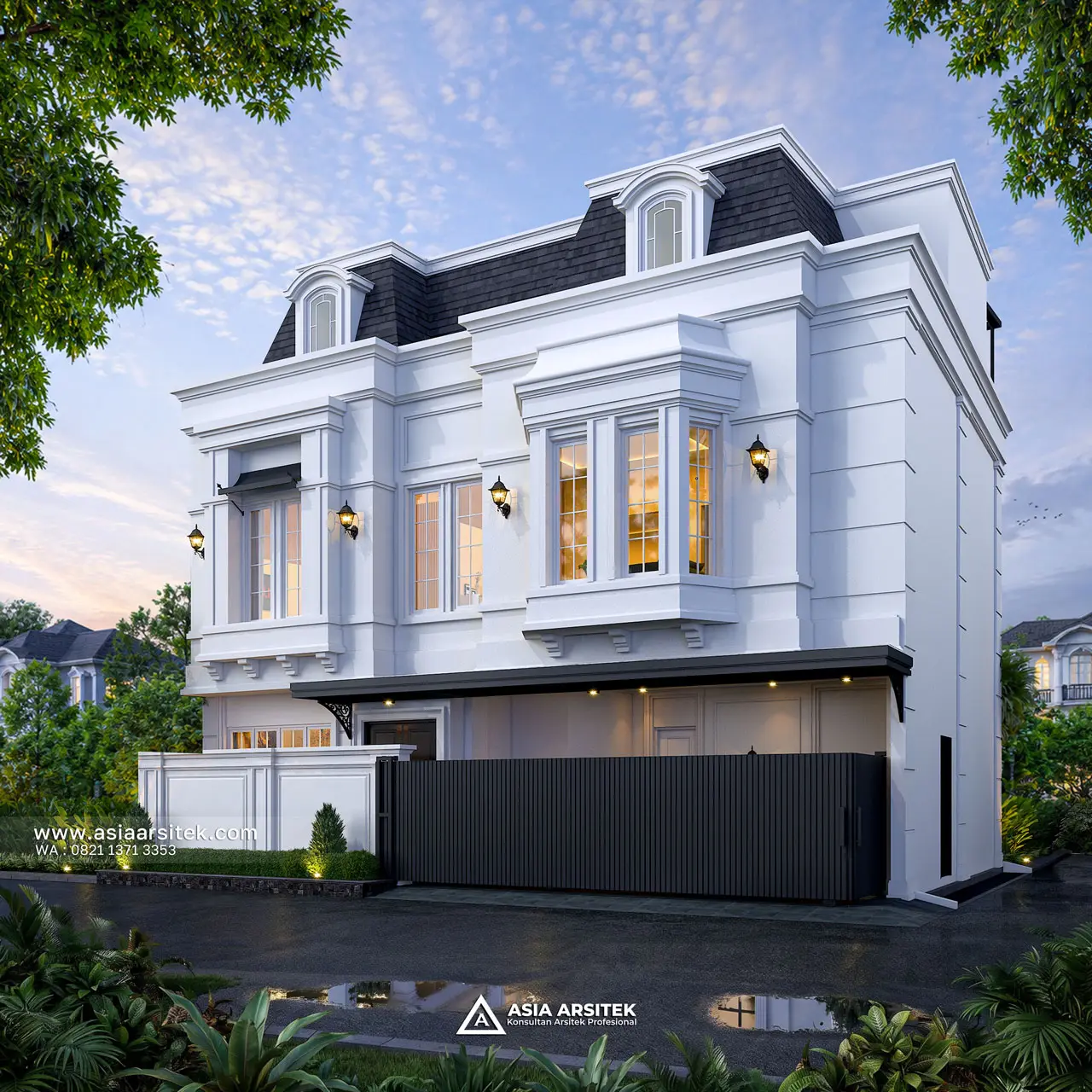 Desain Fasad Depan Rumah Tropis 3 Lantai Bapak FRS di Cilandak Timur Jakarta Selatan