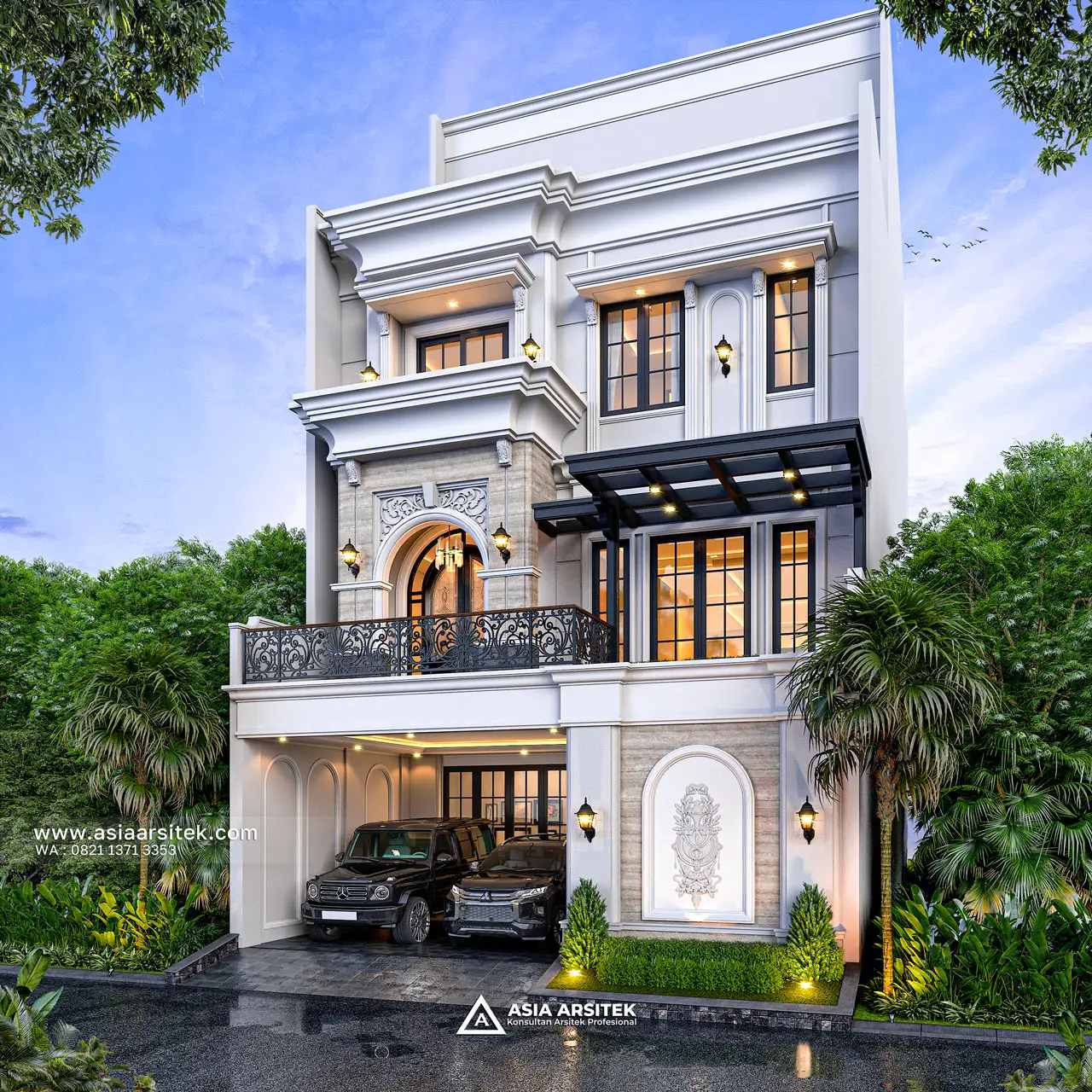 Desain Fasad Rumah Tropis 3 Lantai Bapak MCH di Cipondoh Kota Tangerang