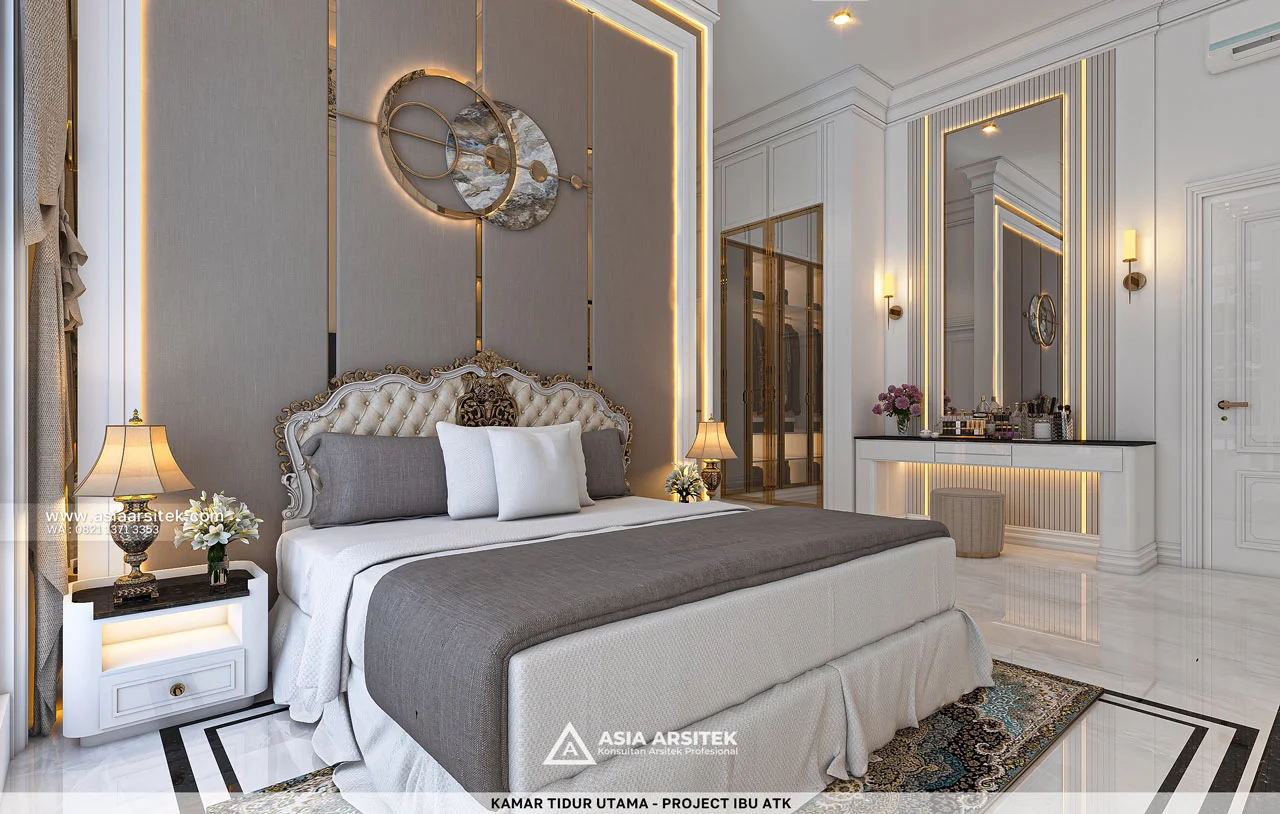 Desain Kamar Tidur Utama Mewah Rumah Klasik 1 Lantai Ibu ATK di Sawangan Depok