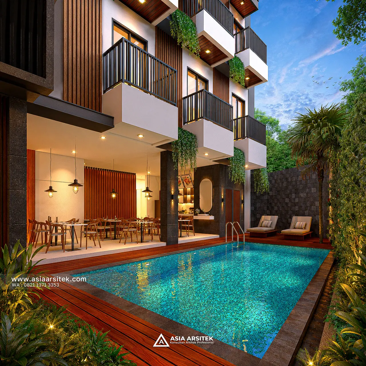 Desain Kolam Renang Bersama Kost Kostel Modern Tropical 4 Lantai Pak KYZ di Bali