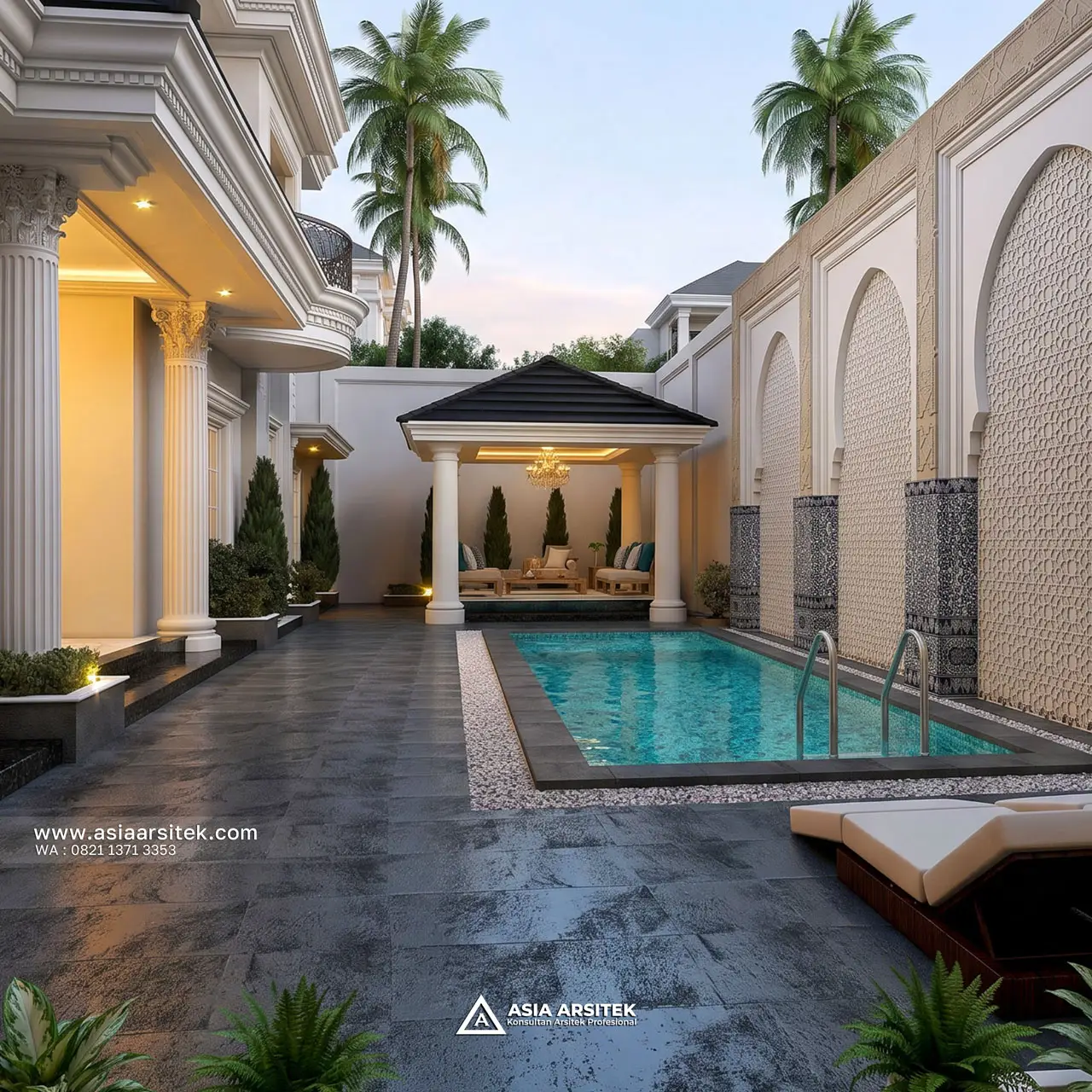 Desain Kolam Renang Depan Rumah Klasik 2 Lantai Pak JY di Banjarbaru Kalimantan Selatan