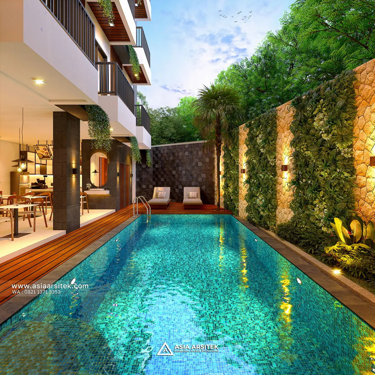 Desain Kolam Renang Kost Kostel Modern Tropical 4 Lantai Pak KYZ di Bali