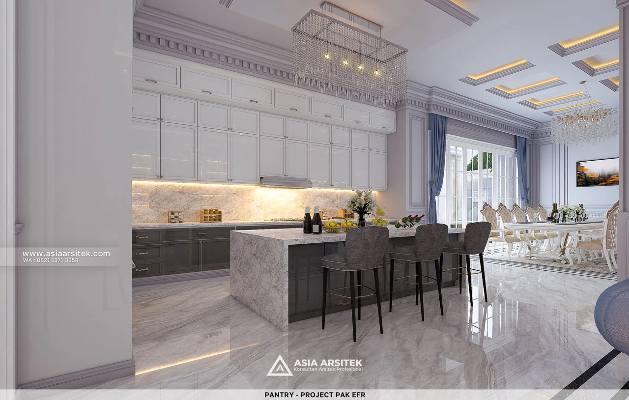 Desain Pantry Modern Rumah Klasik 2 Lantai Bapak EFR di Palembang Sumatra Selatan