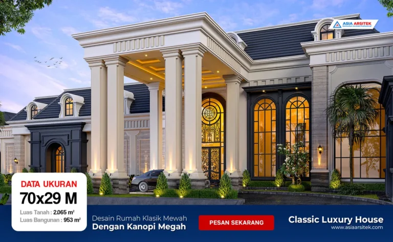 Desain Rumah Klasik Mewah dengan Kanopi Megah di Serang Banten