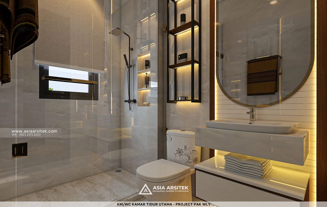 Desain Shower Toilet Kamar Tidur Utama Rumah Modern 2 Lantai Bapak WLY di Kelapa Gading Jakarta Utara