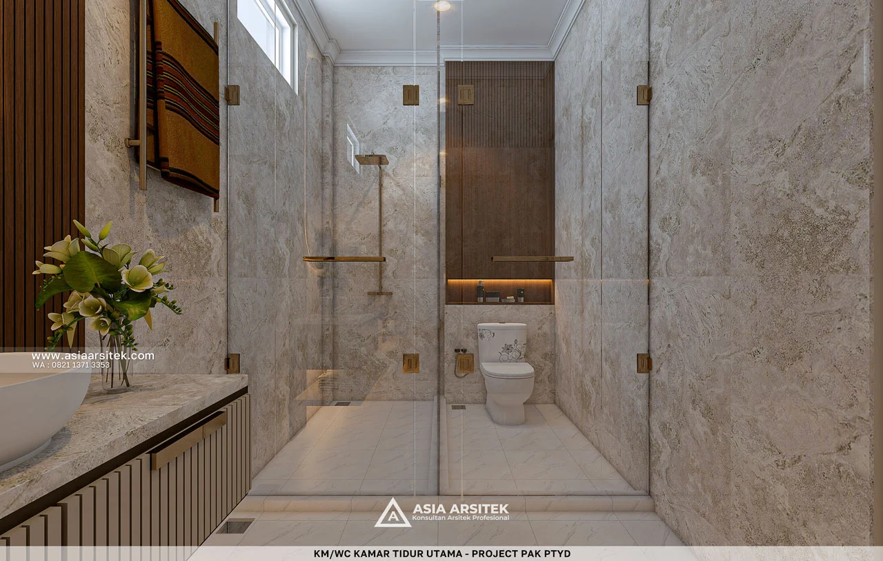 Desain Shower dan Toilet Kamar Tidur Utama Rumah Klasik 1 Lantai Pak PTYD di Sulawesi Selatan