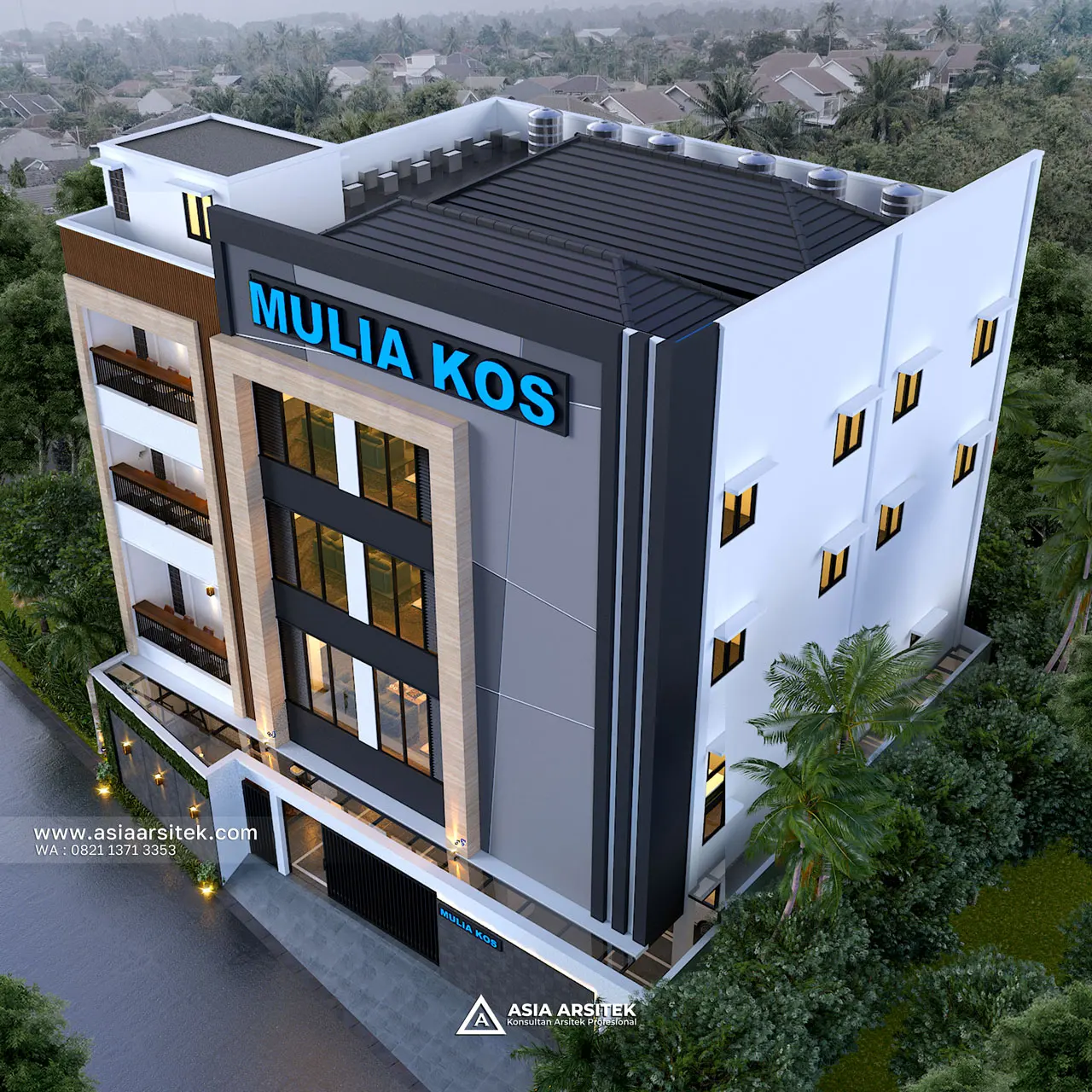 Desain Tampak Atas Depan Kost Modern 4 Lantai Pak KVN di Pagedangan Tangerang