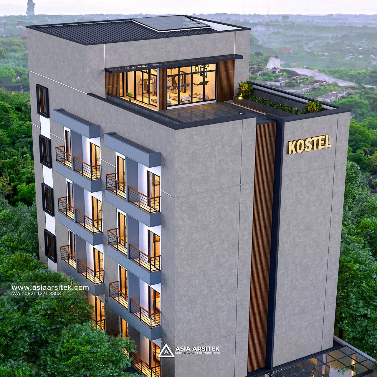 Desain Tampak Atas Depan Kost Modern 5 Lantai Ibu HJ. NRT di Cilandak Barat Jakarta Selatan