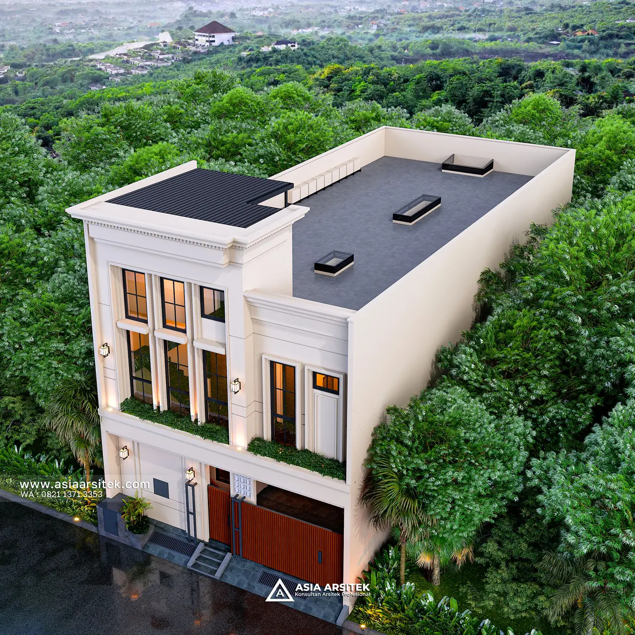 Desain Tampak Atas Depan Kost Modern Klasik 2 Lantai Pak ARF di Bekasi Jawa Barat