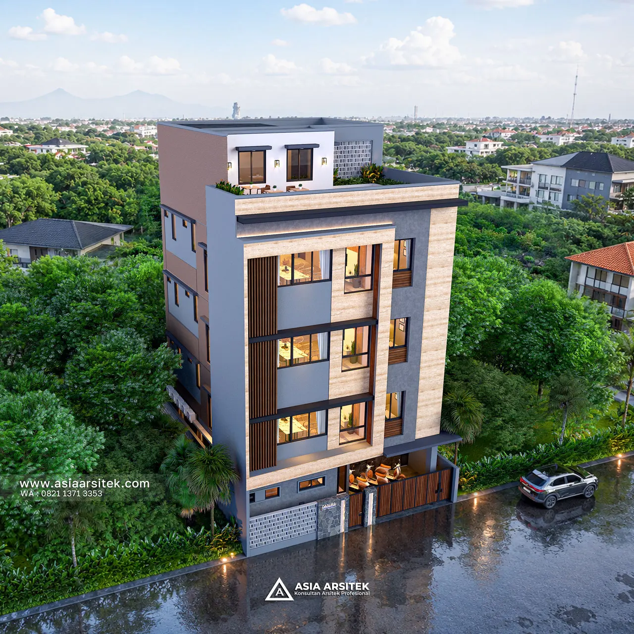 Desain Tampak Atas Kost Modern 4 Lantai Ibu RHM di Beji Kota Depok