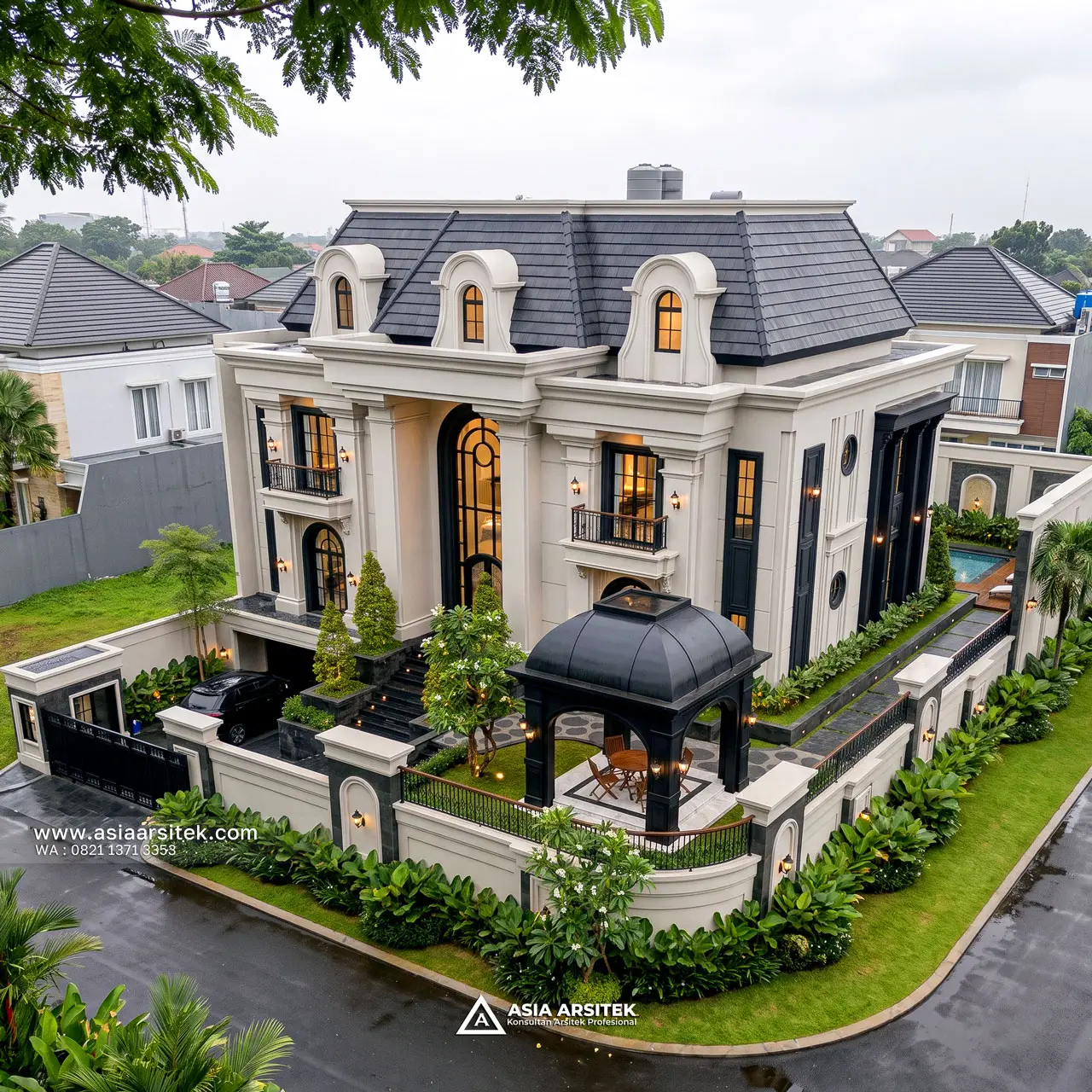Desain Tampak Atas Rumah Klasik Modern 2 Lantai Bapak RR di BSD City Tangerang Selatan